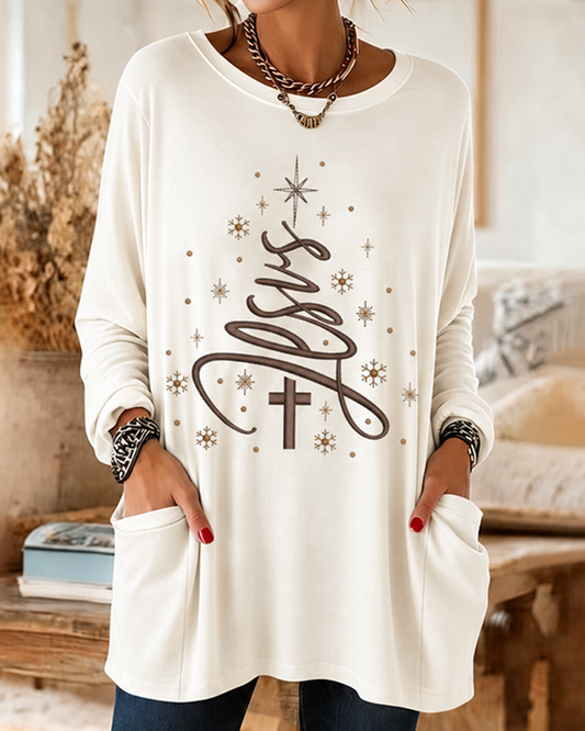 Jesus Christmas Tree Snowflake Cross Printed Double Pocket Sleeve Long Crewneck Tee