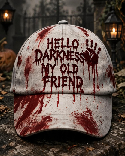"Hello Darkness My Old Friend" Splash Ink Handprint Halloween Vintage Baseball Cap