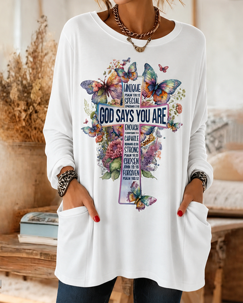 Watercolor Floral Butterfly GOD Text Print Double Pocket Sleeve Long Round Neck Tee