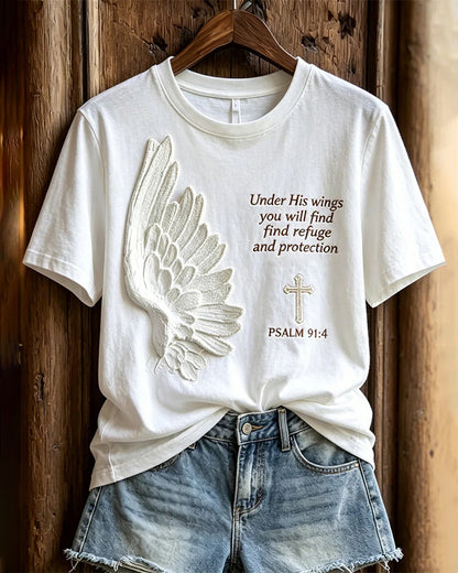 Unilateral Wings Cross Psalm Letter Print Casual Short Sleeve Tee