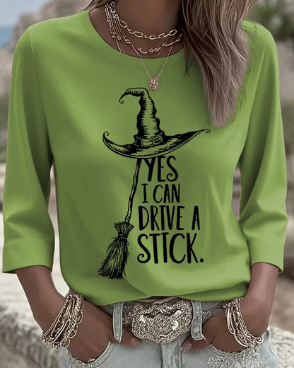 Women's Yes I Can Drive A Stick Printed Round Neck T-Shirt