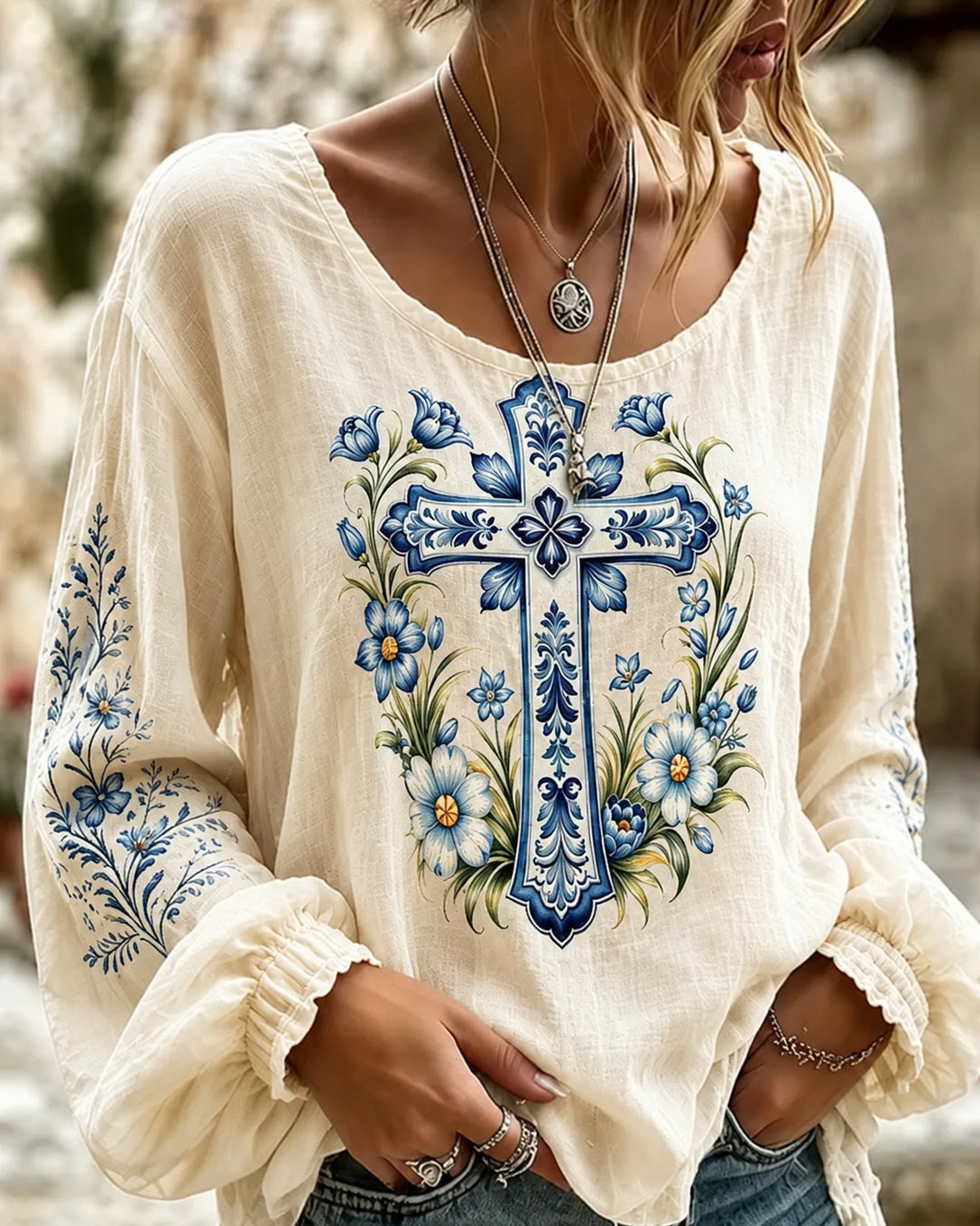 Blue Cross Flowers Print Round Neck Puff Sleeves Blouse