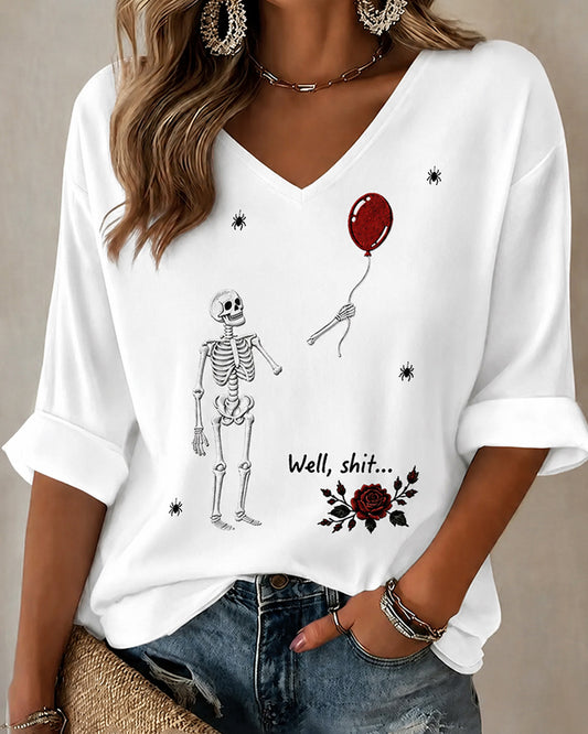 Women's Halloween Fun Skull Balloon Prints  Mid-length V-neck Loose T-shirt