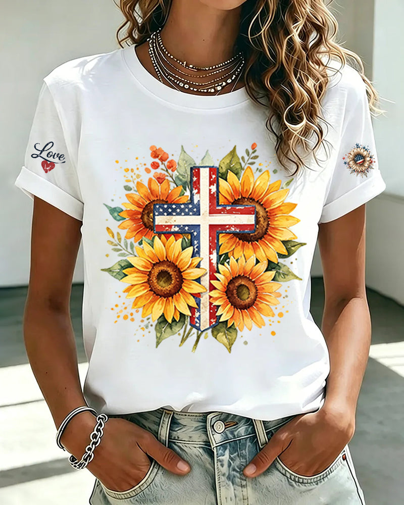 American Flag Cross Sunflower Cuff Love Printed Round Neck Short Sleeve T-Shirt