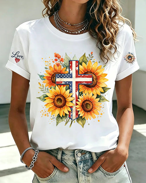 American Flag Cross Sunflower Cuff Love Printed Round Neck Short Sleeve T-Shirt