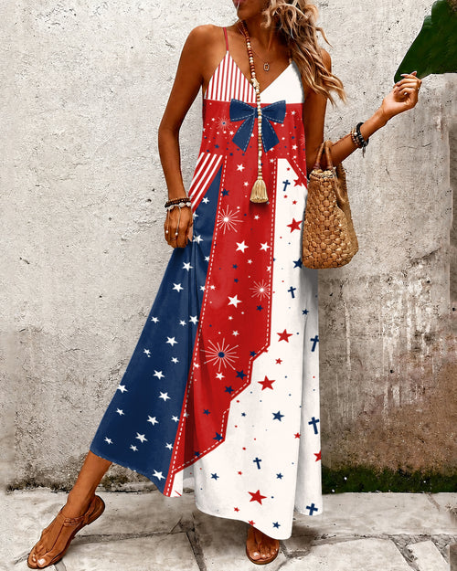 Fun Geometric Color-blocked Stars Print Pocket Maxi Dress
