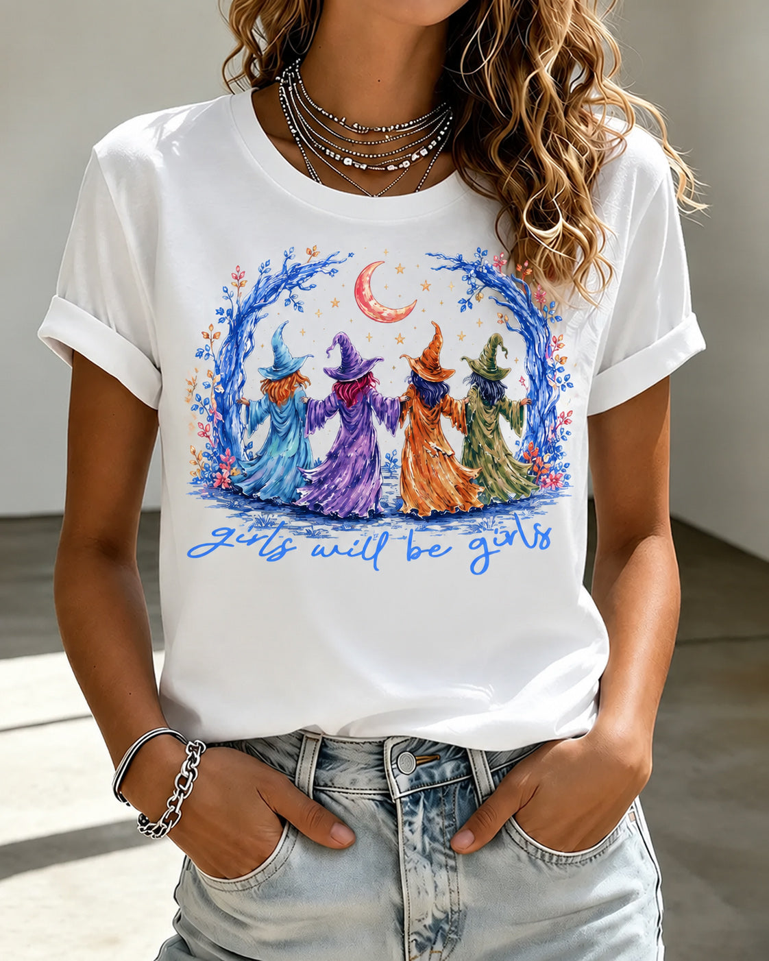100% Cotton Women's Halloween Girls Will Be Girls Crew Neck Short Sleeve Tshirt