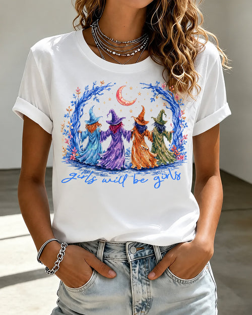 100% Cotton Women's Halloween Girls Will Be Girls Crew Neck Short Sleeve Tshirt