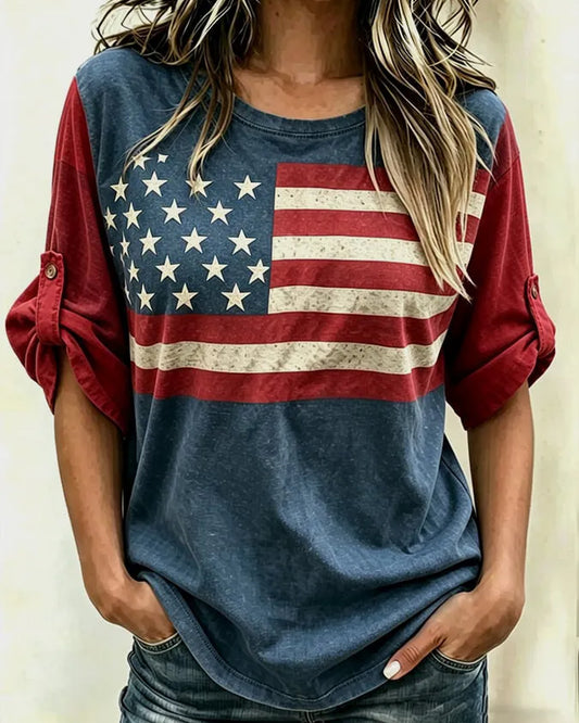 Retro Flag Print Crew Neck Blouse