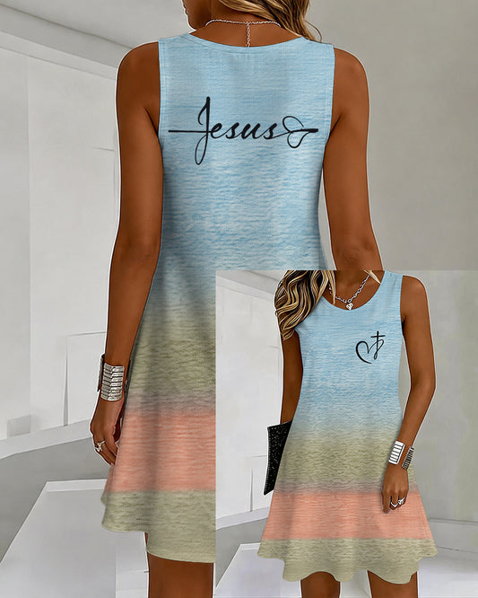 Gradient Love Cross Printed U-Neck Sleeveless Vacation Short Dress