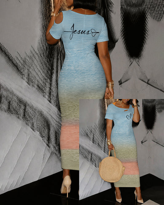 Gradient Love Cross Printed Hollow Shoulder Bag Hip Short-sleeved Mid-length Dress
