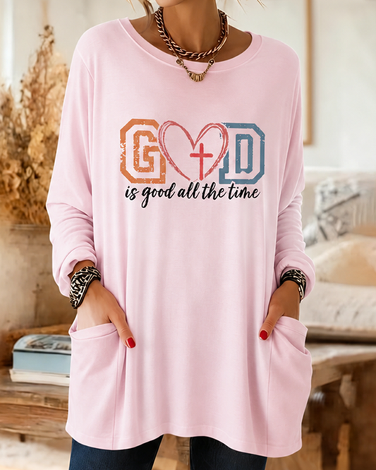 Vintage Contrast Letter Love Cross English Printed Double Pocket Sleeve Long Round Neck T-Shirt