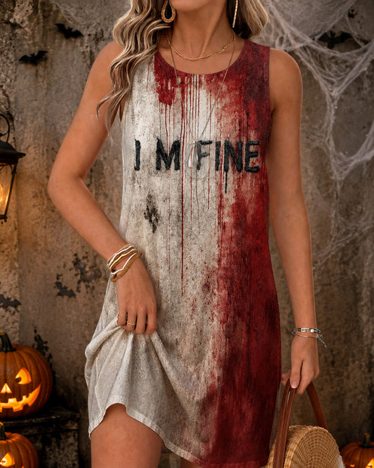 Women's Blood I'm Fine Halloween Printed Round Neck Sleeveless Mini Casual Dress
