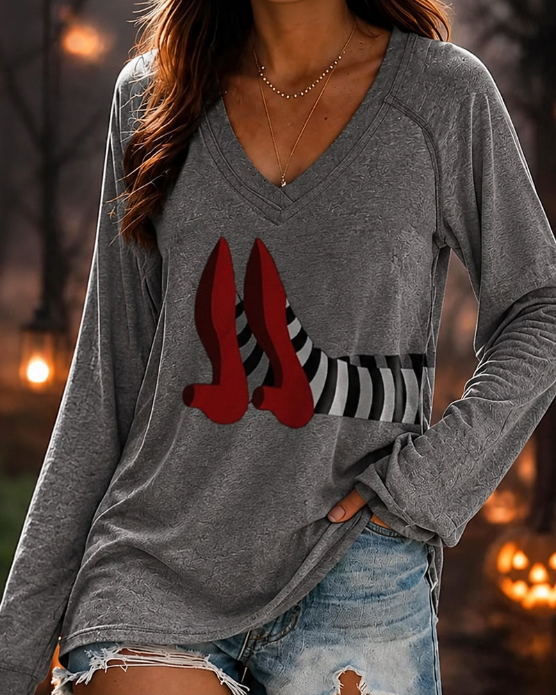 Women’s Halloween-Printed V-neck Long-sleeved T-shirt