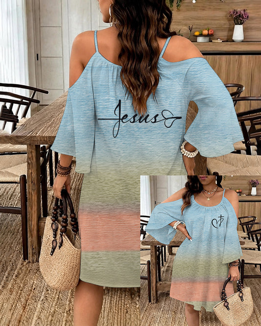 Gradient Love Cross Print Strap Long Sleeve Dress
