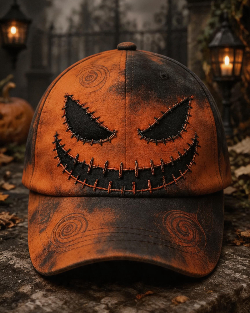 Dirty Dyed Pumpkin Demon Smiley Seam Print Halloween Vintage Baseball Cap