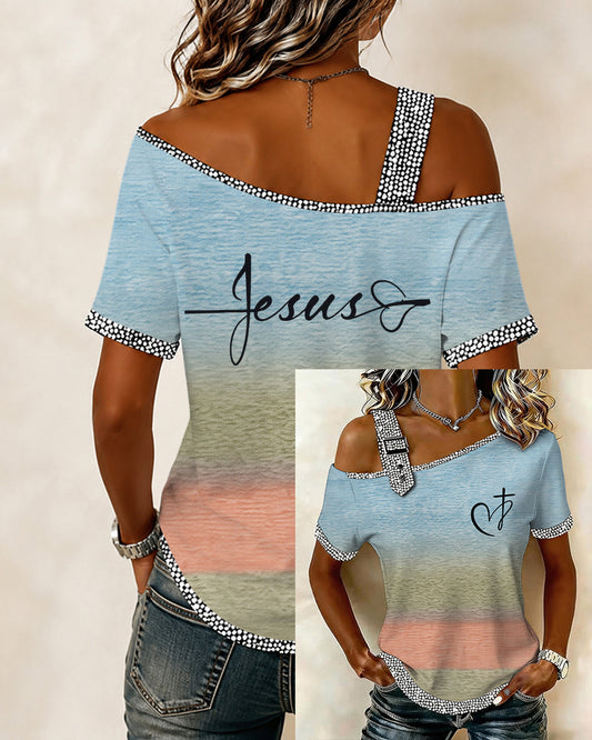Oversized Heart And Cross Off-Shoulder Trimmed Short-Sleeve Top For Women