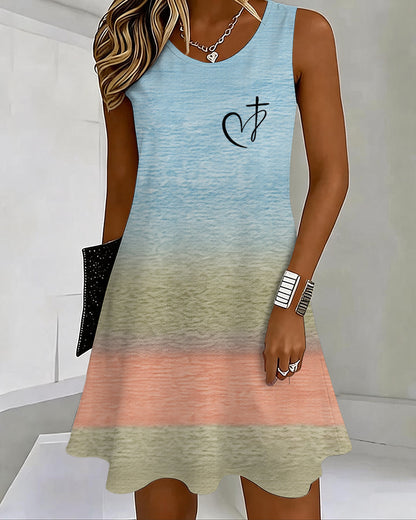 Gradient Love Cross Printed U-Neck Sleeveless Vacation Short Dress