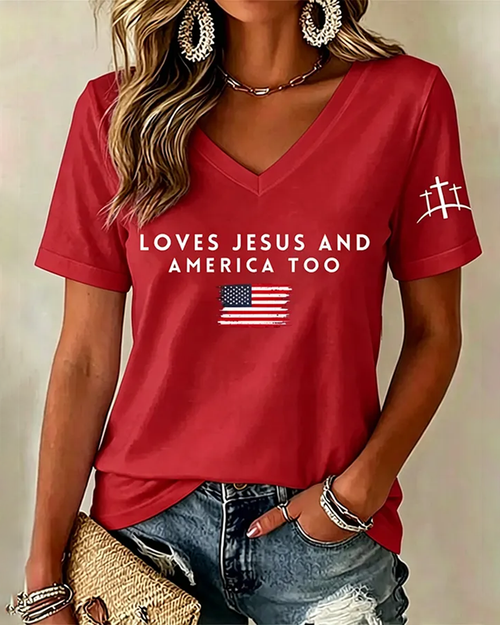 100% Cotton Loves Jesus and America Too V Neck Short Sleeve Tshirt