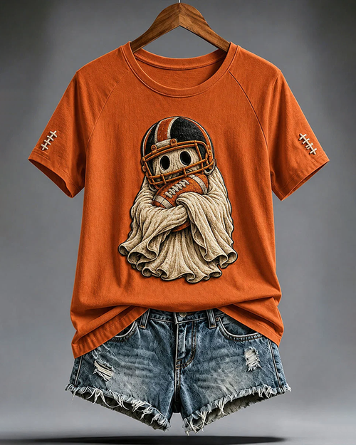 100% Cotton Women's Cute Football Ghost Print Crew Neck Short Sleeve Tshirt