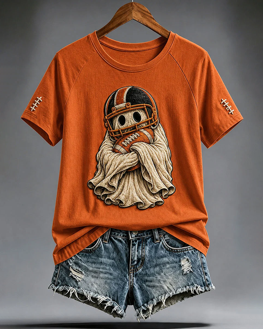 100% Cotton Women's Cute Football Ghost Print Crew Neck Short Sleeve Tshirt