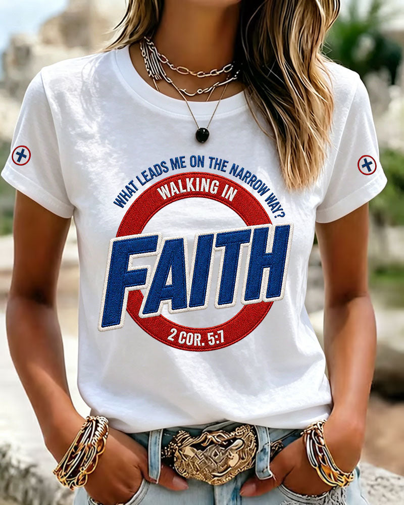 100% Cotton Walking In Faith Print Crew Neck Short Sleeve Tshirt