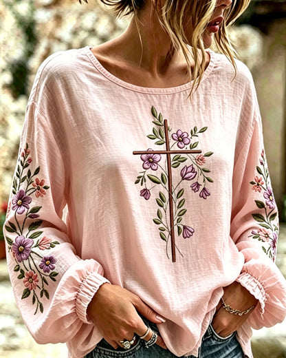 Cross Bohemian Flower Print Round Neck Puff Sleeves Blouse
