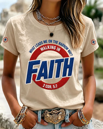 100% Cotton Walking In Faith Print Crew Neck Short Sleeve Tshirt