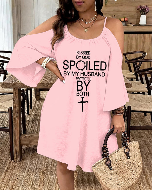 Blessed By God English Cross Print Strap Open-Shoulder Long Sleeve Dress