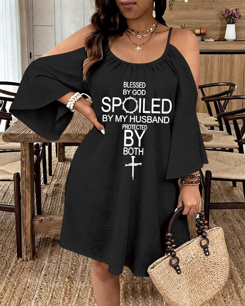 Blessed By God English Cross Print Strap Open-Shoulder Long Sleeve Dress
