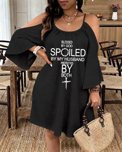 Blessed By God English Cross Print Strap Open-Shoulder Long Sleeve Dress