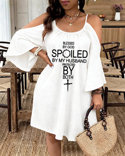 Blessed By God English Cross Print Strap Open-Shoulder Long Sleeve Dress