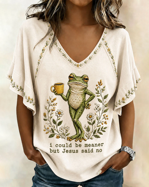 I Could Be Meaner But Jesus Said No Print V-neck Bell Sleeve Top