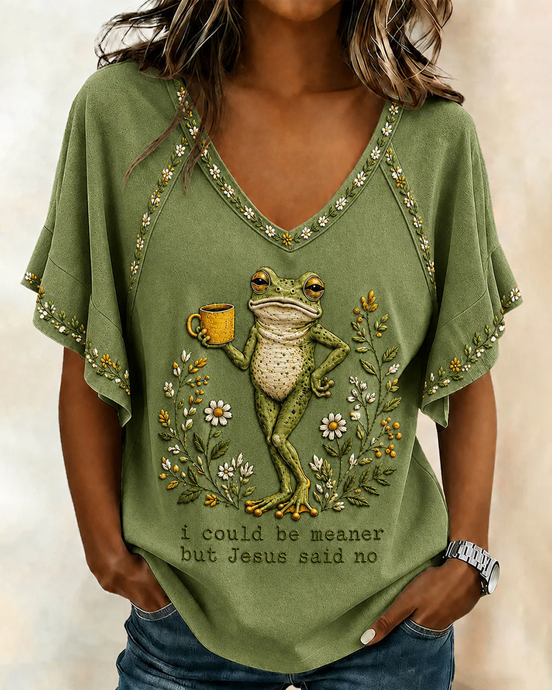 I Could Be Meaner But Jesus Said No Print V-neck Bell Sleeve Top