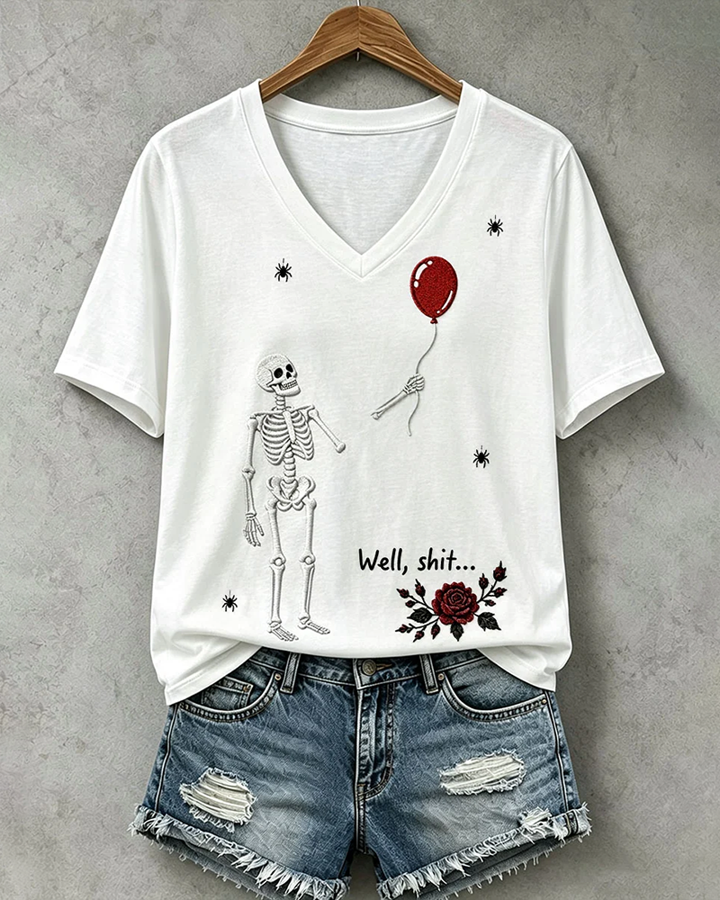100% Cotton Halloween Fun Skull Balloon Prints V Neck Short Sleeve Tshirt