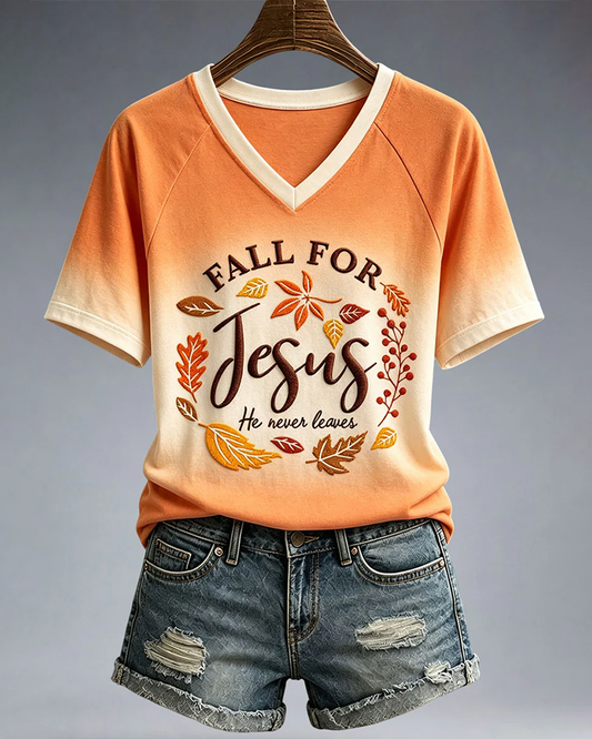 Women's Fall For Jesus He Never Leaves V-neck Short Sleeve Tshirt