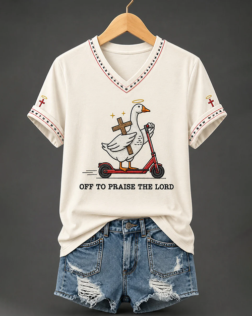 Women's Christian Fun Goose Cross Print V-neck Short Sleeve Tshirt