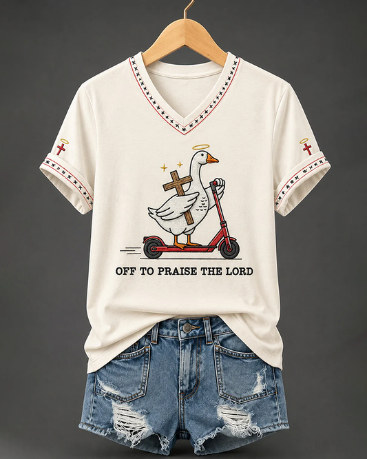 Women's Christian Fun Goose Cross Print V-neck Short Sleeve Tshirt