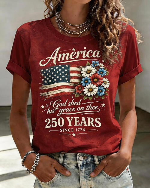 100% Cotton Flag Floral Faith Print Crew Neck Short Sleeve Tshirt