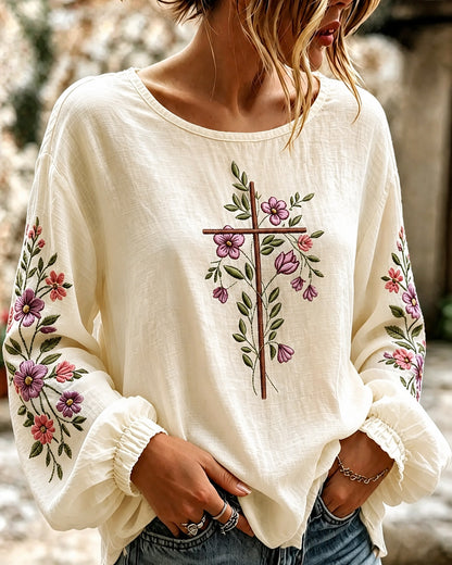 Cross Bohemian Flower Print Round Neck Puff Sleeves Blouse
