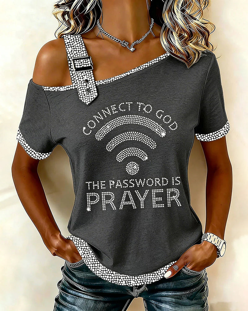 WiFi Alphabet Slogan Open-Shoulder Short-Sleeve Tee
