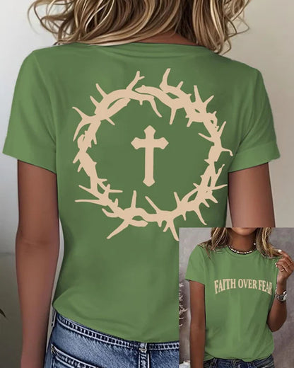 Front-and-back荆棘 Ring Cross FAITH OVER FEAR Printed Short-sleeve T-shirt