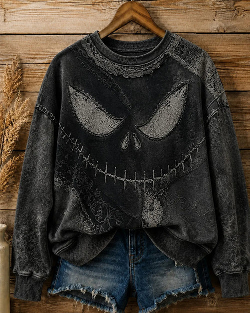 Vintage Grey Lace Stitching Jack Skull Print Round Neck Sweat