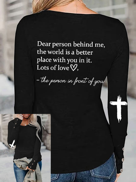 Women's Faith Dear Person Behind Me Cross Heart Print Button Top