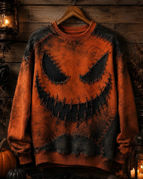 Halloween Orange Black Patch Pumpkin Smiley Print Round Neck Sweat