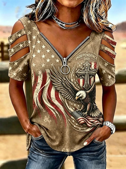 American-style Eagle Flag Cross Printed Zipper V-Neck Shoulder Short Sleeve Tee