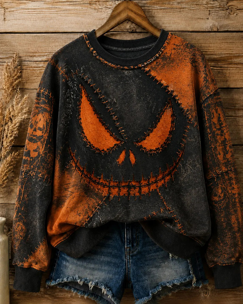 Vintage Distressed Patchwork Pumpkin Grimace Stitched Crew Neck Sweater