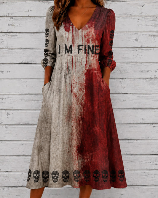 Women's Blood I'm Fine Halloween Printed V-neck Puff Sleeve Casual Dress