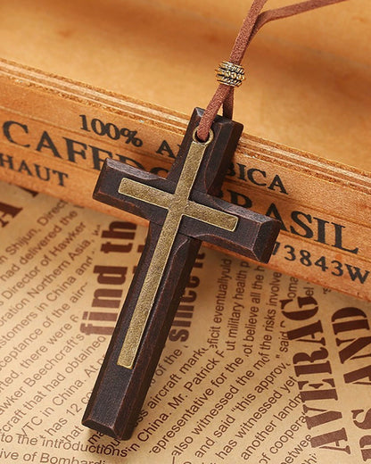 Vintage Handmade Double Layer Alloy Wood Cross Couple Necklace Car Hanging Accessories