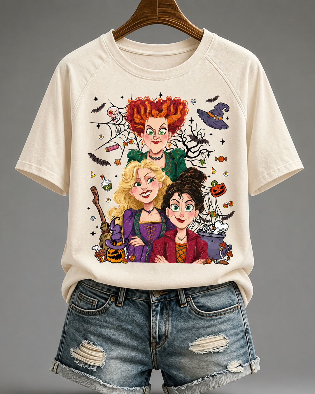 100% Cotton Trendy Halloween Witch Sisters Crew Neck Short Sleeve Tshirt
